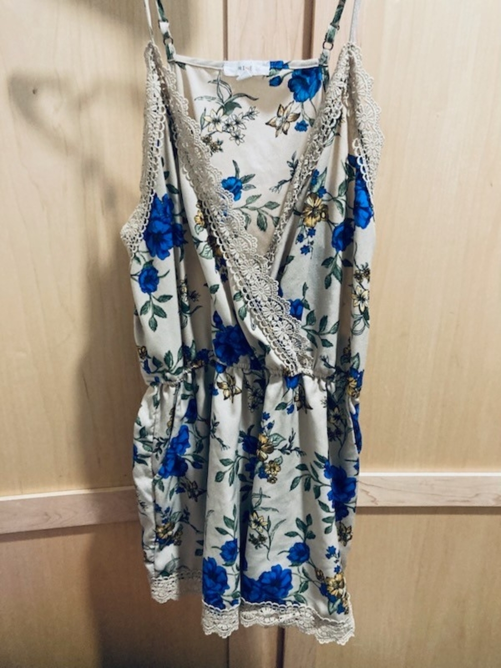 mine Beige Floral Romper with Blue Rose Print